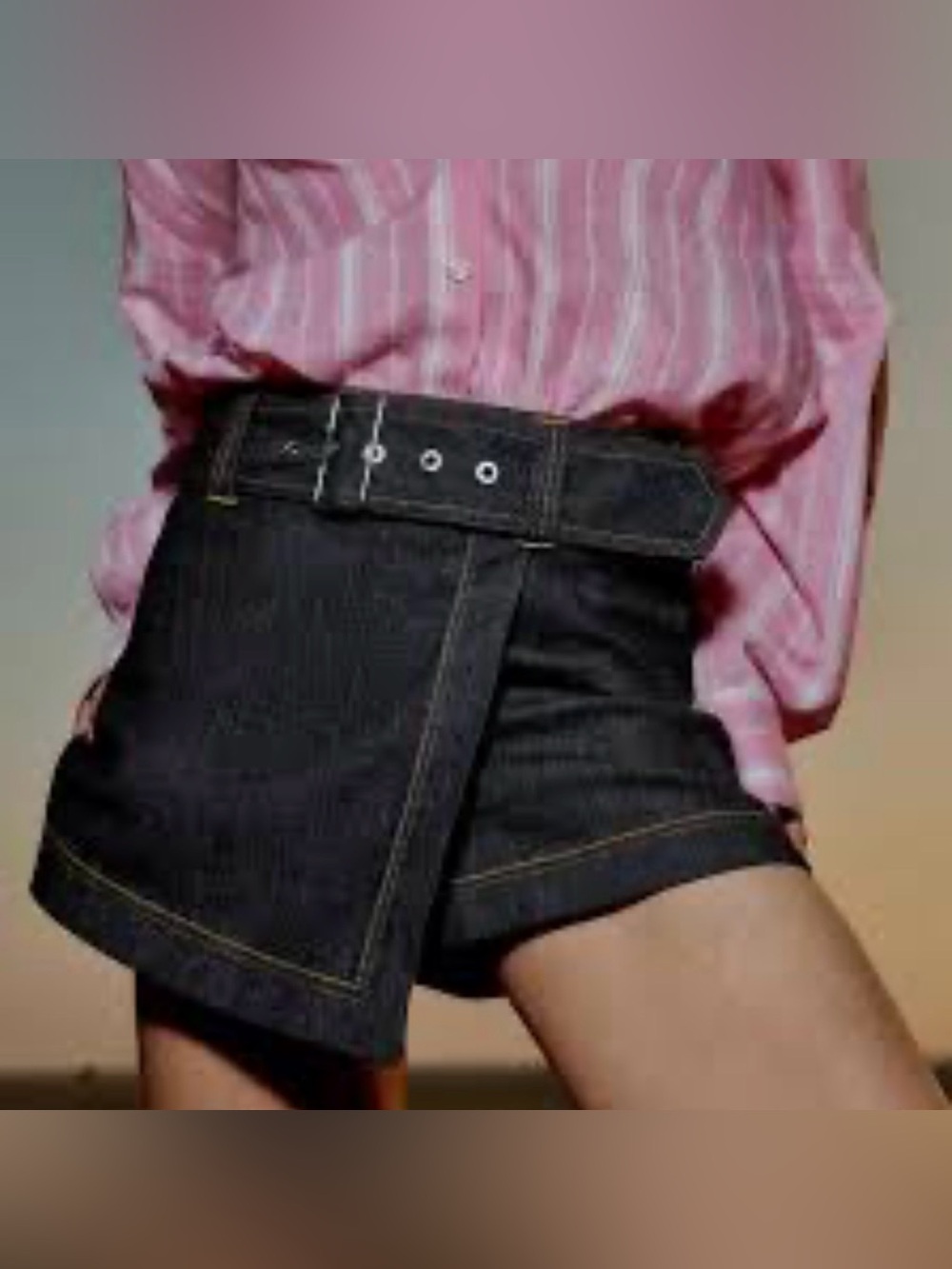 Zara Black Denim High-Waist Shorts with Belted Panel